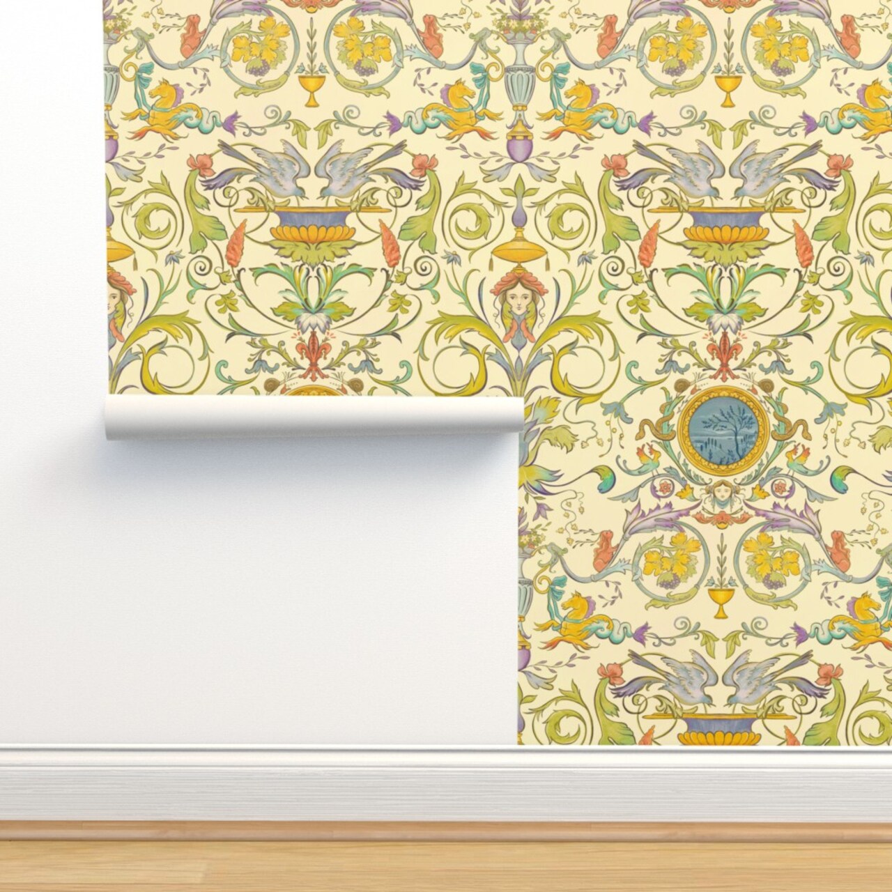 Multicolor Baroque Renaissance Floral Fresco Botanical Birds Victorian Large Scale Water Color Horses. Italian Custom Removable Wallpaper by Spoonflower Peel & Stick Wallpaper 2FT Wide